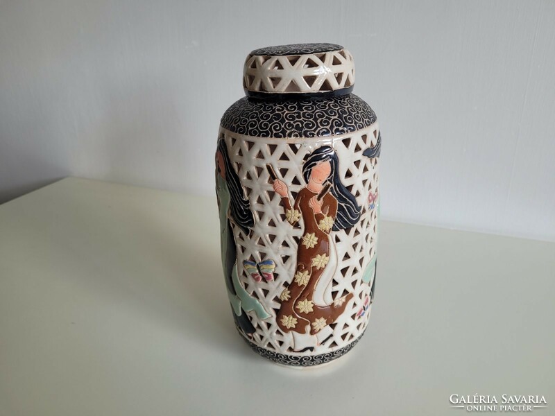 Ceramic decorative vase oriental openwork box bird pattern storage with lid 30 cm