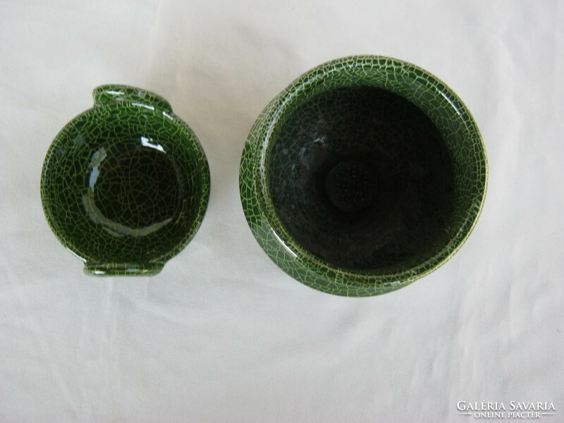 Green glazed ceramic ikebana bowl with vase + basket