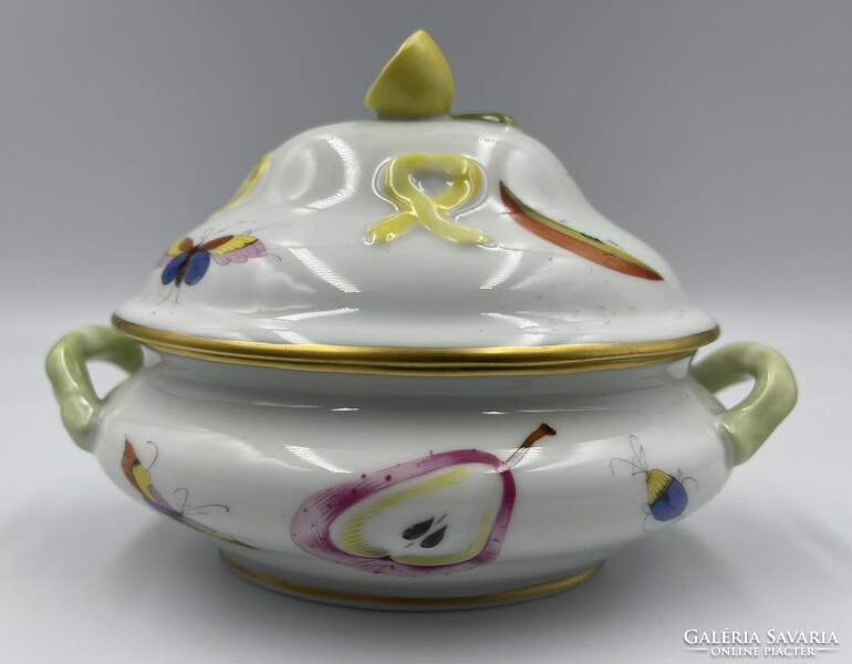 Jubilee bonbonier with Herend fruit pattern, painted by a master with a lemon holder
