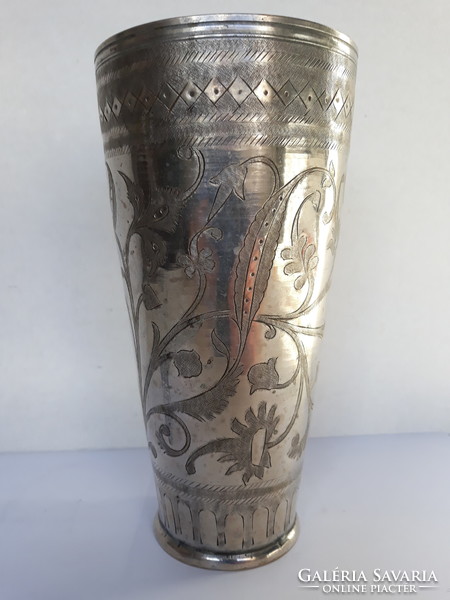 Antique silver-plated alpaca vase / cup with hand-engraved pattern