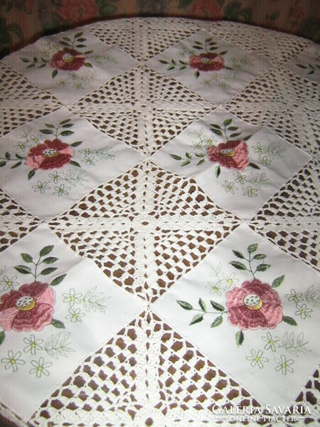 Beautiful hand crocheted embroidered floral white tablecloth