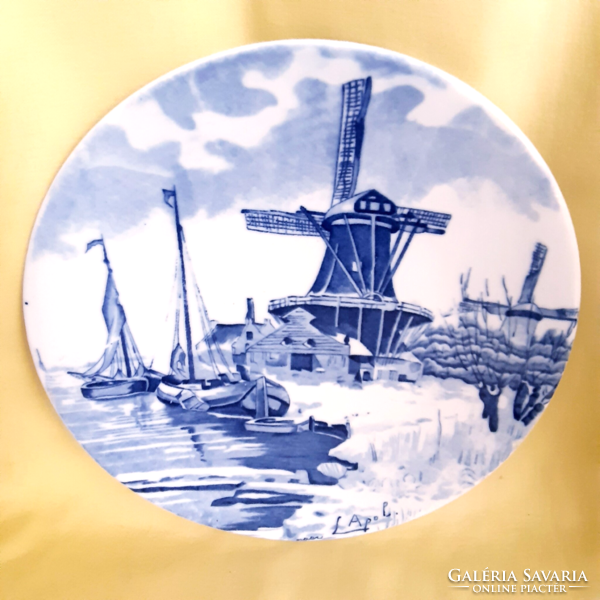 Delft porcelán dísztányér, kék- fehér, holland porcelán,  hajó, vitorlás, tenger jelenetes ( nagy)