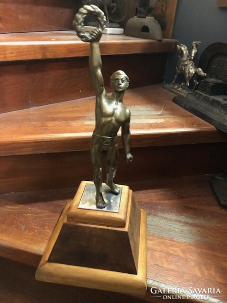 Antique bronze Olympian male statue, height 28 cm.