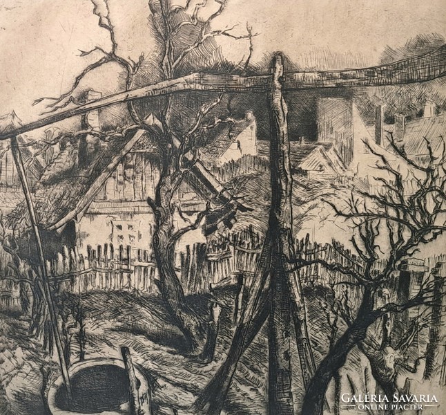 Gábor Remsey (1925-1999): Sada courtyard with boom well (etching) peasant life