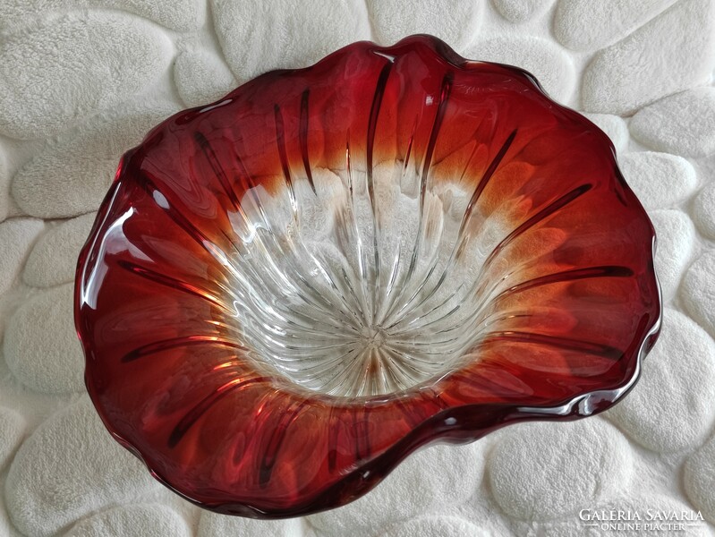 Idea Iparművészeti Váll. modern piros üveg virág kehely kínáló tál "G.Maxi" fotóművész hagyatékából