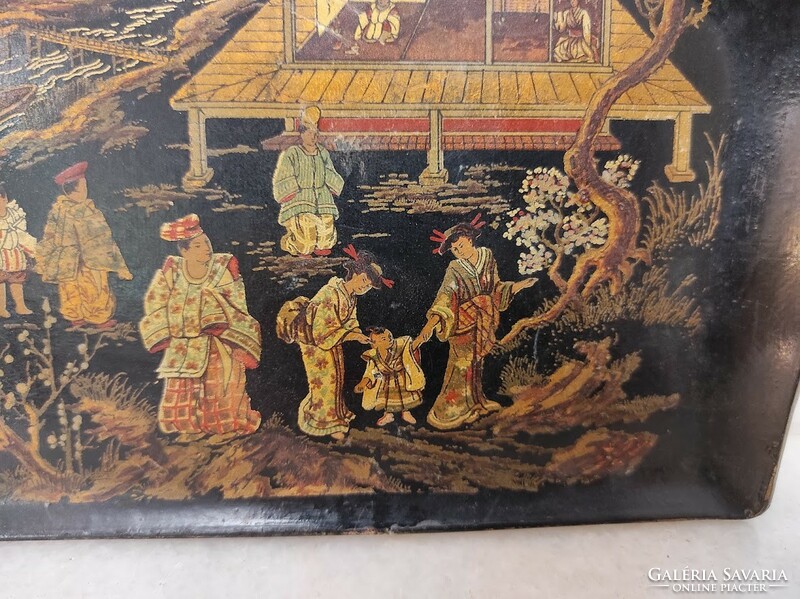 Antik kínai festett aranyozott fekete lakk préselt fa ívelt lapát 166 5563