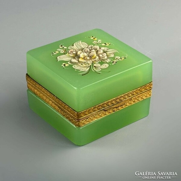 Glass jewelry holder with chrysoprase floral handmade porcelain decoration ca. 1940