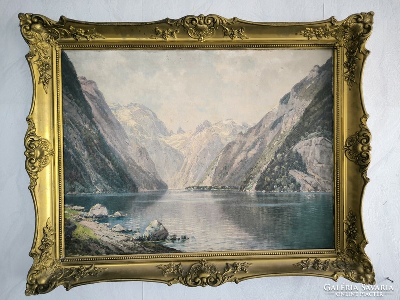 Antique lake picture painting, beautifully painted oil canvas picture of a sea lion. Austria, Switzerland