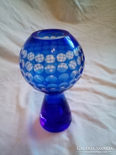 Marita Voigt, harzkristall csiszolt kék üveg váza 1970