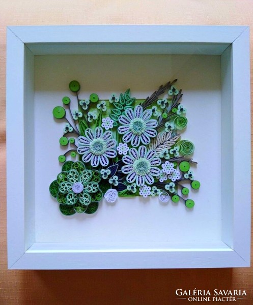 Flower composition picture with green color variations, in a recessed, 25.5x25.5cm frame