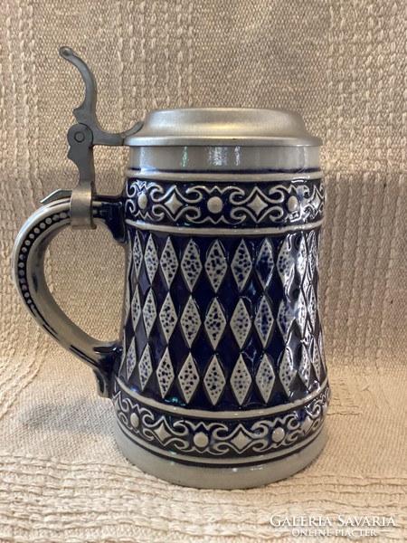 Marked gersite pewter half-liter ceramic beer mug with lid