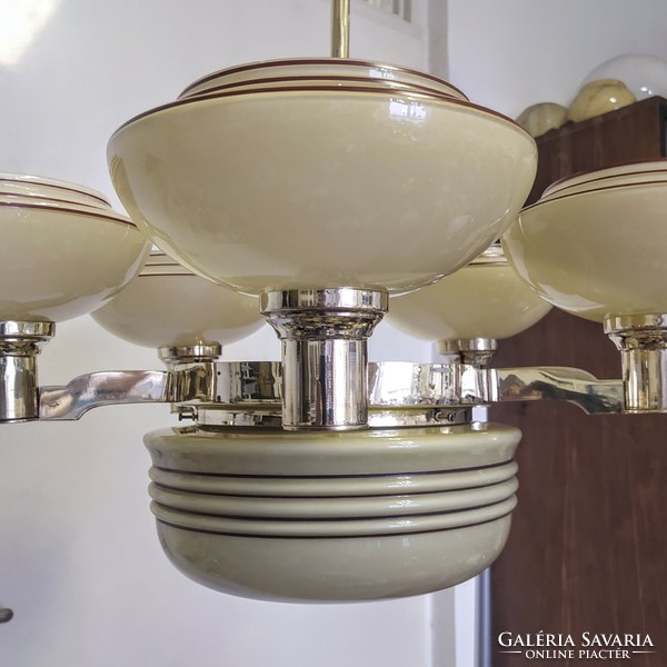 Art deco - streamlined 5-arm, 6-burner copper chandelier renovated - cream shades