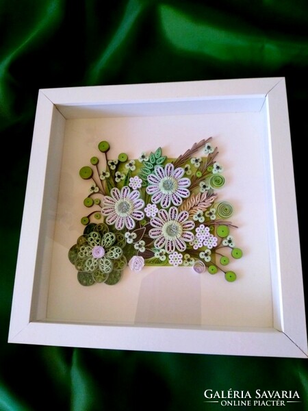 Flower composition picture with green color variations, in a recessed, 25.5x25.5cm frame