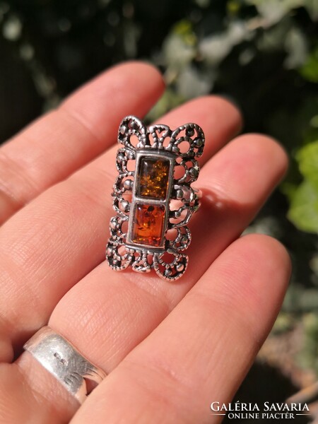 Beautiful silver ring with amber stones