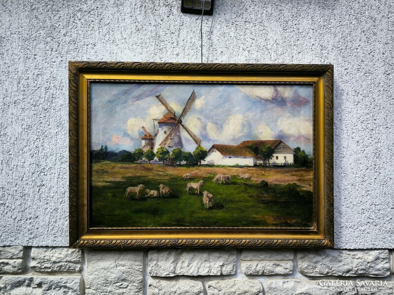 Antique beautiful landscape painting, windmill, pasture, sheep's wool, the theme is good quality and colors