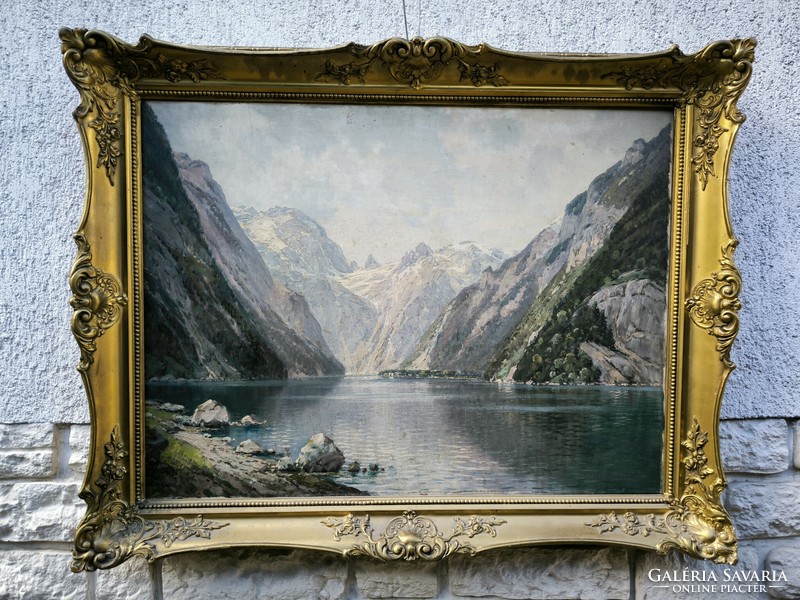 Antique lake picture painting, beautifully painted oil canvas picture of a sea lion. Austria, Switzerland