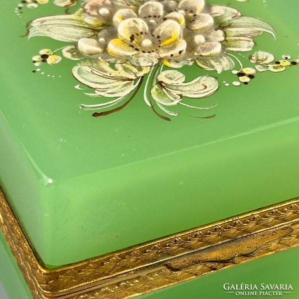 Glass jewelry holder with chrysoprase floral handmade porcelain decoration ca. 1940