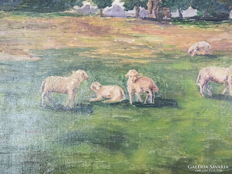 Antique beautiful landscape painting, windmill, pasture, sheep's wool, the theme is good quality and colors