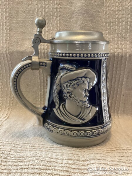 Marked stoneware pewter half liter beer mug with lid
