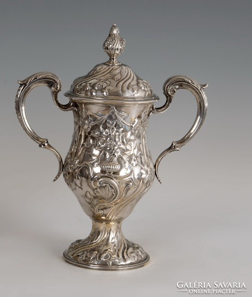Silver antique English cup with floral decoration