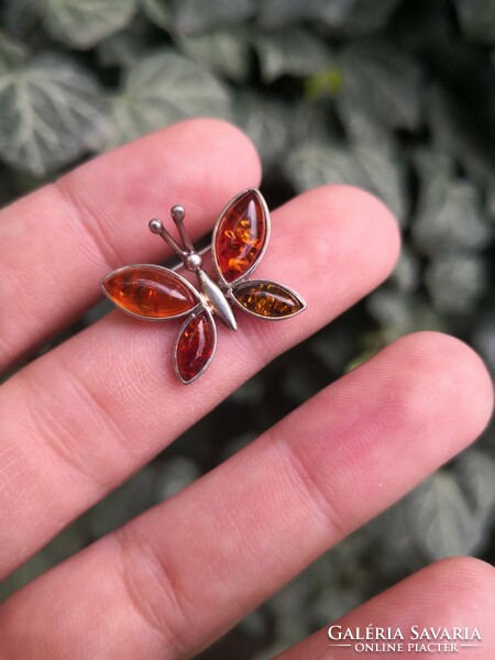 Beautiful butterfly, silver brooch with amber stones, pin