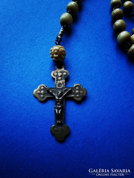 Antique Italian rosary with carved bone beads, ebony inlaid cross