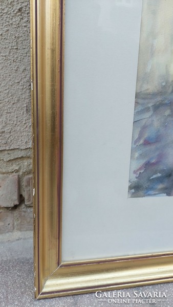 Üvegezett arany- fa képkeret festménnyel, belső mérete 70x55 cm