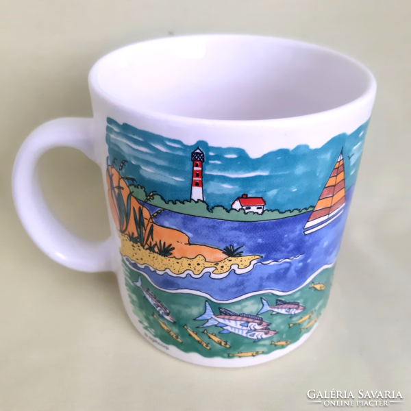 Blue, green mug, dolphin, sea, sailboat, lighthouse, fish, turtle, patterned mug, from California