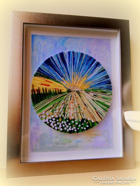 Picture with Mediterranean atmosphere with quilling technique, 36x46cm silver gray, in recessed picture frame