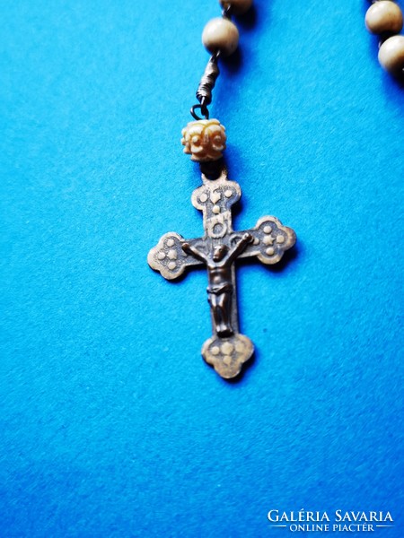 Antique Italian rosary with carved bone beads, ebony inlaid cross
