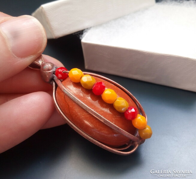 Special handcrafted mineral pendant, red jasper with colored glass beads