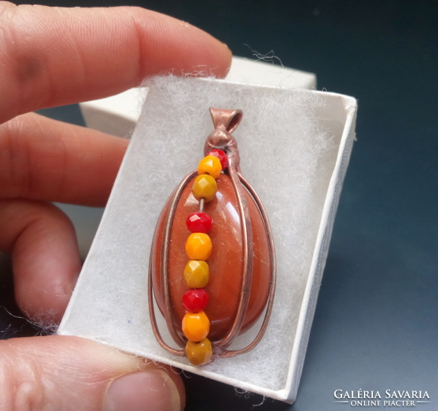 Special handcrafted mineral pendant, red jasper with colored glass beads