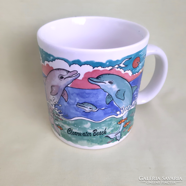 Blue, green mug, dolphin, sea, sailboat, lighthouse, fish, turtle, patterned mug, from California