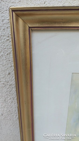Glazed gold-wood picture frame with painting, internal size 70x55 cm