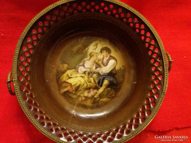 Antique baroque 19th century Schumann artzberg scene copper-framed tray with lugs 19 cm in diameter according to pictures