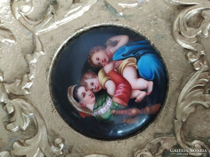 Antique painted Italian porcelain holy image in a gilded wooden frame