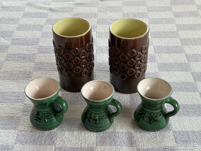 Városlőd majolica ceramic cup and green ceramic small jug - 5 pieces together