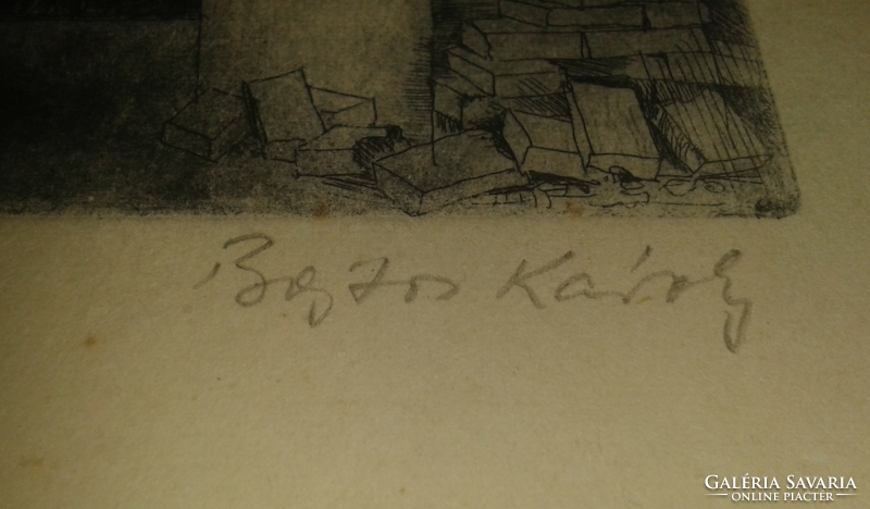 Bojtos Károly (1936-2011): Budapest felszabadulása. Rézkarc, papír, jelzett, 20×29 cm
