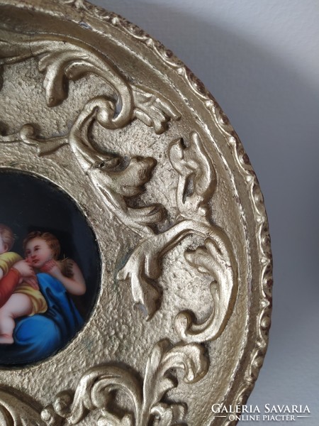 Antique painted Italian porcelain holy image in a gilded wooden frame