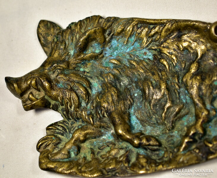 Wild boar figural patinated old copper business card holder decorative bowl