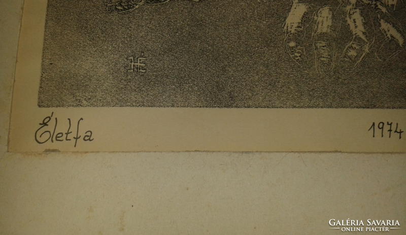 Éva Hévizi (1946-): tree of life. Linocut, paper, marked. A little stained. In passport. 30X24 cm