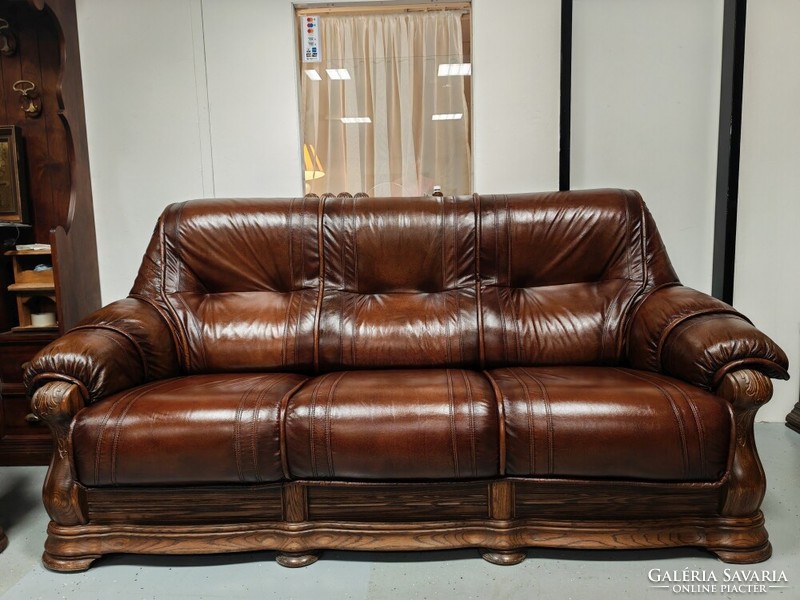 Antique brown saporro leather sofa with oak frame 3-1-1+bed