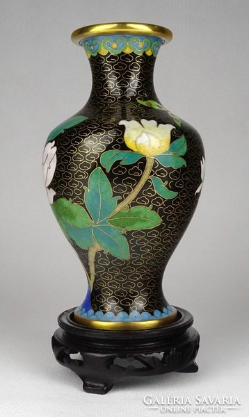 1Q925 old floral black fire enamel vase 18.5 Cm