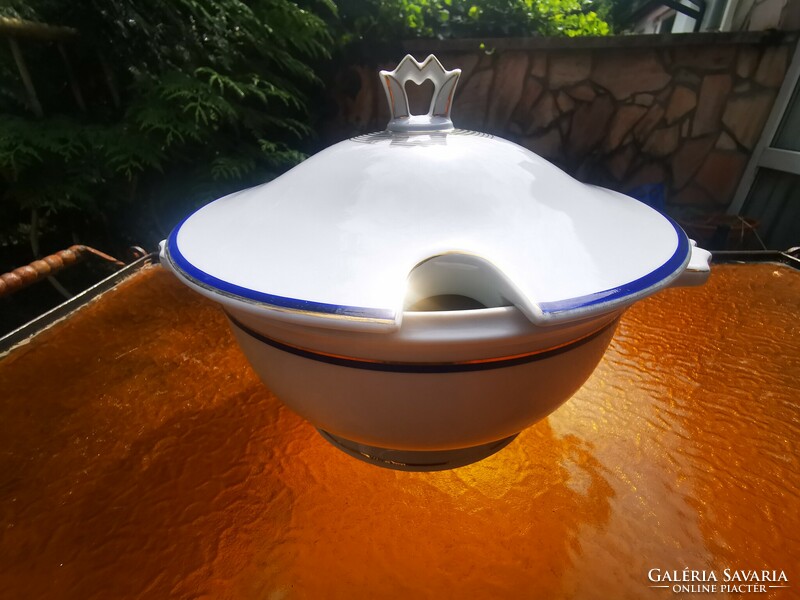 Art deco blue-gold striped zsolnay soup bowl