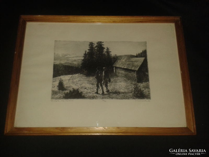 András Csanády (1929 - ): woodcutters 1982 etching (in glazed frame)