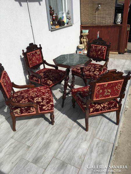Very nice condition carved tower pewter armchairs 4 pcs plus marvan flat folding table.