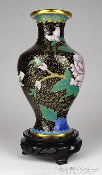 1Q925 old floral black fire enamel vase 18.5 Cm
