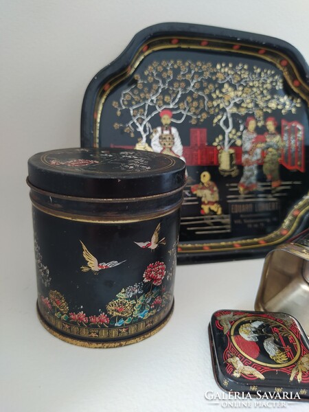 Oriental style vintage tin plate set (tray and boxes)