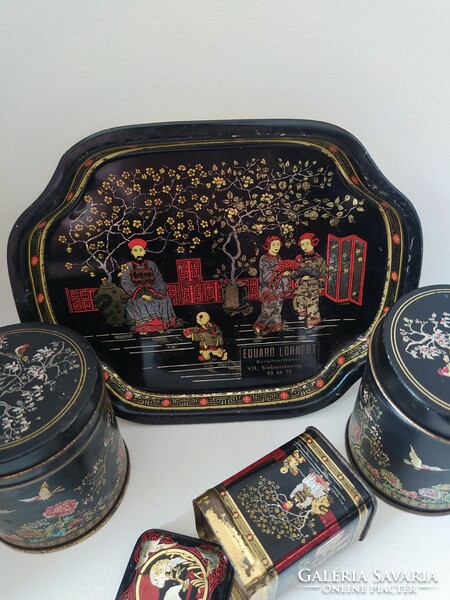 Oriental style vintage tin plate set (tray and boxes)
