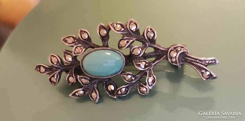 Antique sterling silver brooch with marcasite and turquoise, marked